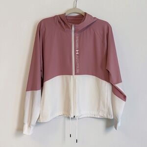 Under Armour Windbreaker Women L Pink White Full Zip Hooded Jacket RN96510